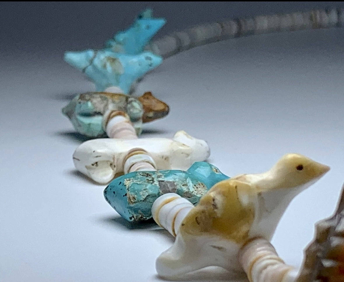 1940s Native Zuni Carved Multi Stone Bird Fetish Necklace By Leekya Deyuse (d.)