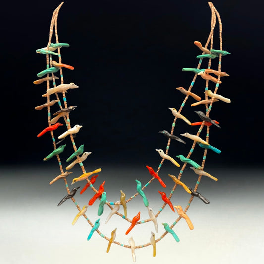 1970s Native Zuni Carved Muti Stone Bird Fetish Necklace By George Haloo Chee Chee (d.)