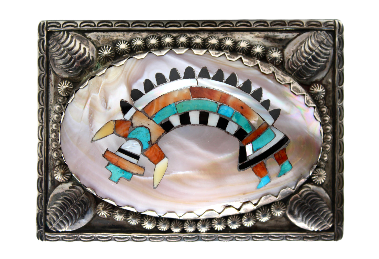 Museum Quality Native Zuni Shell & Multistone Inlay Rainbowman Buckle By Robert Leekya