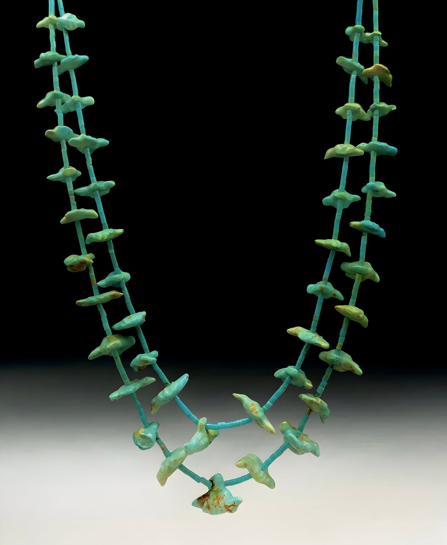 Finest Mid Century Native Zuni Carved 2 Strand Turquoise Bird Necklace By Leekya Deyuse