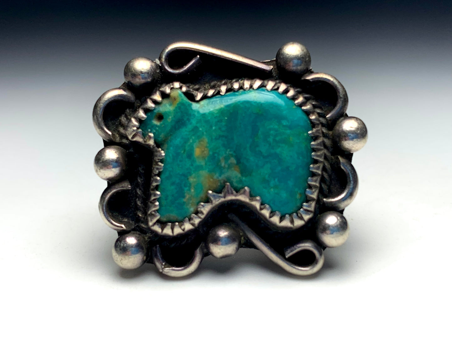 Finest Native Zuni Sterling Silver Turquoise Bear Fetish Ring By Leekya Deyuse (d.)