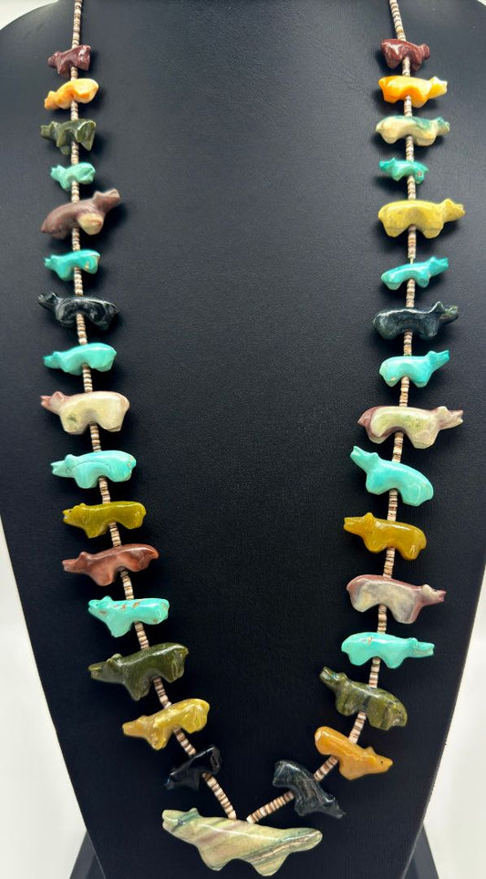 1970s Native Zuni Carved Muti Stone Bear Fetish Necklace By Alice Leekya Homer (d.)