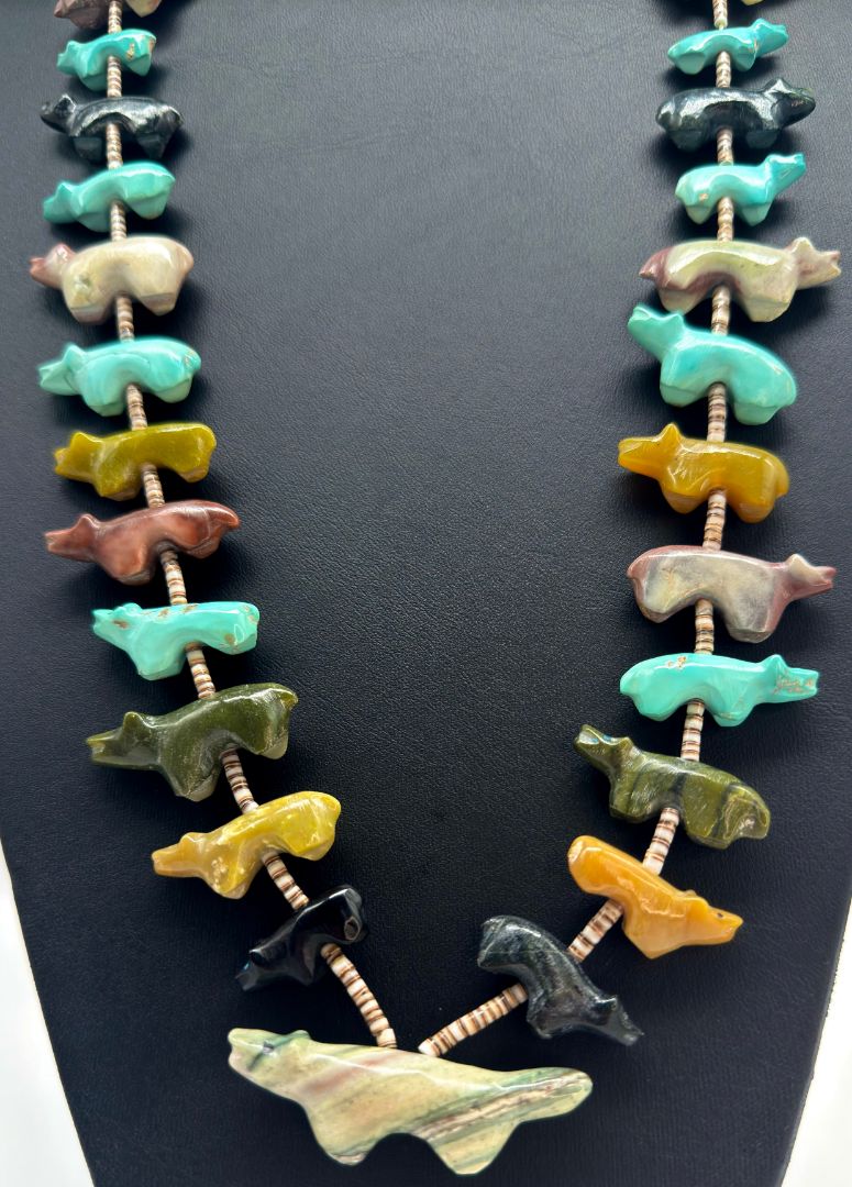 1970s Native Zuni Carved Muti Stone Bear Fetish Necklace By Alice Leekya Homer (d.)