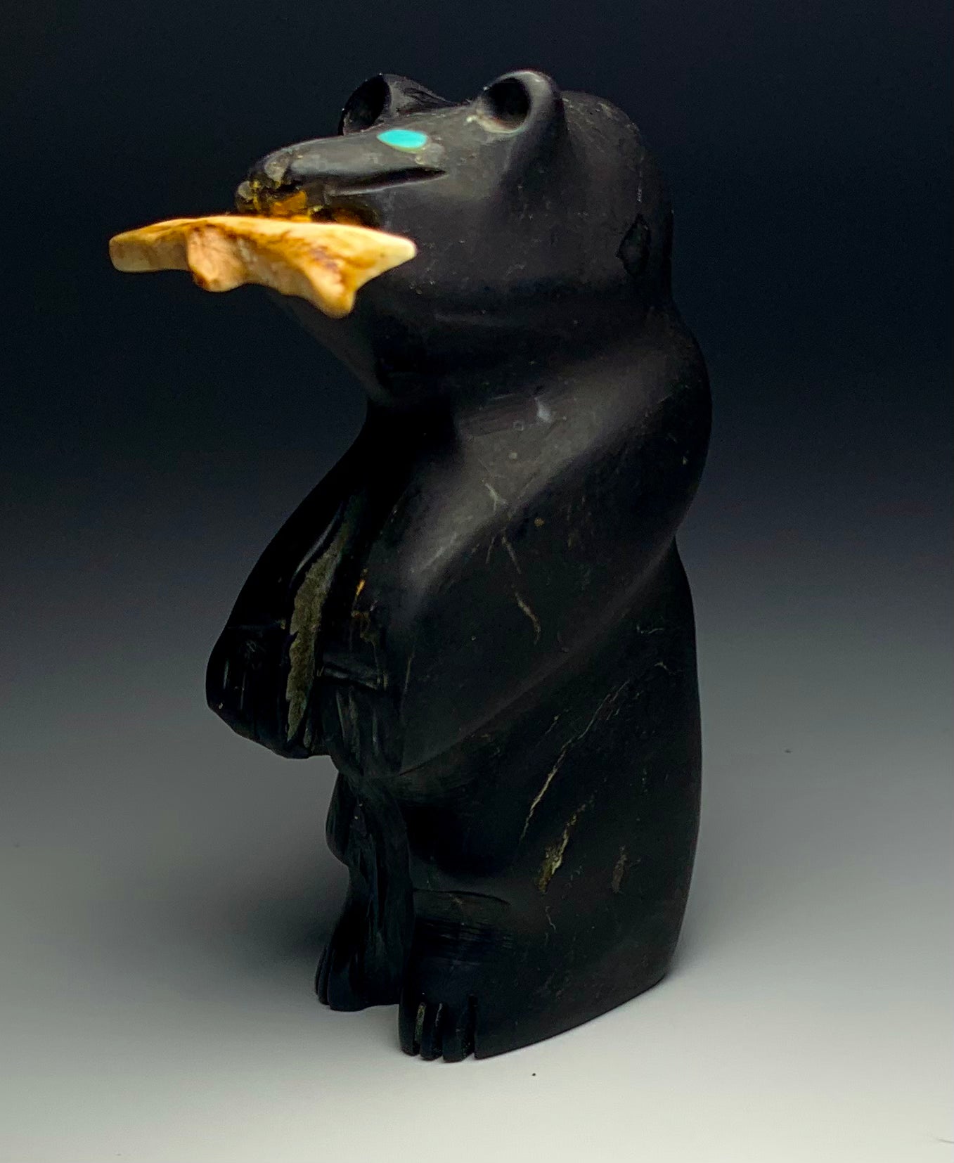 1970s Native Zuni Carved Jet Standing Bear Fetish By Barlow Quandelacy