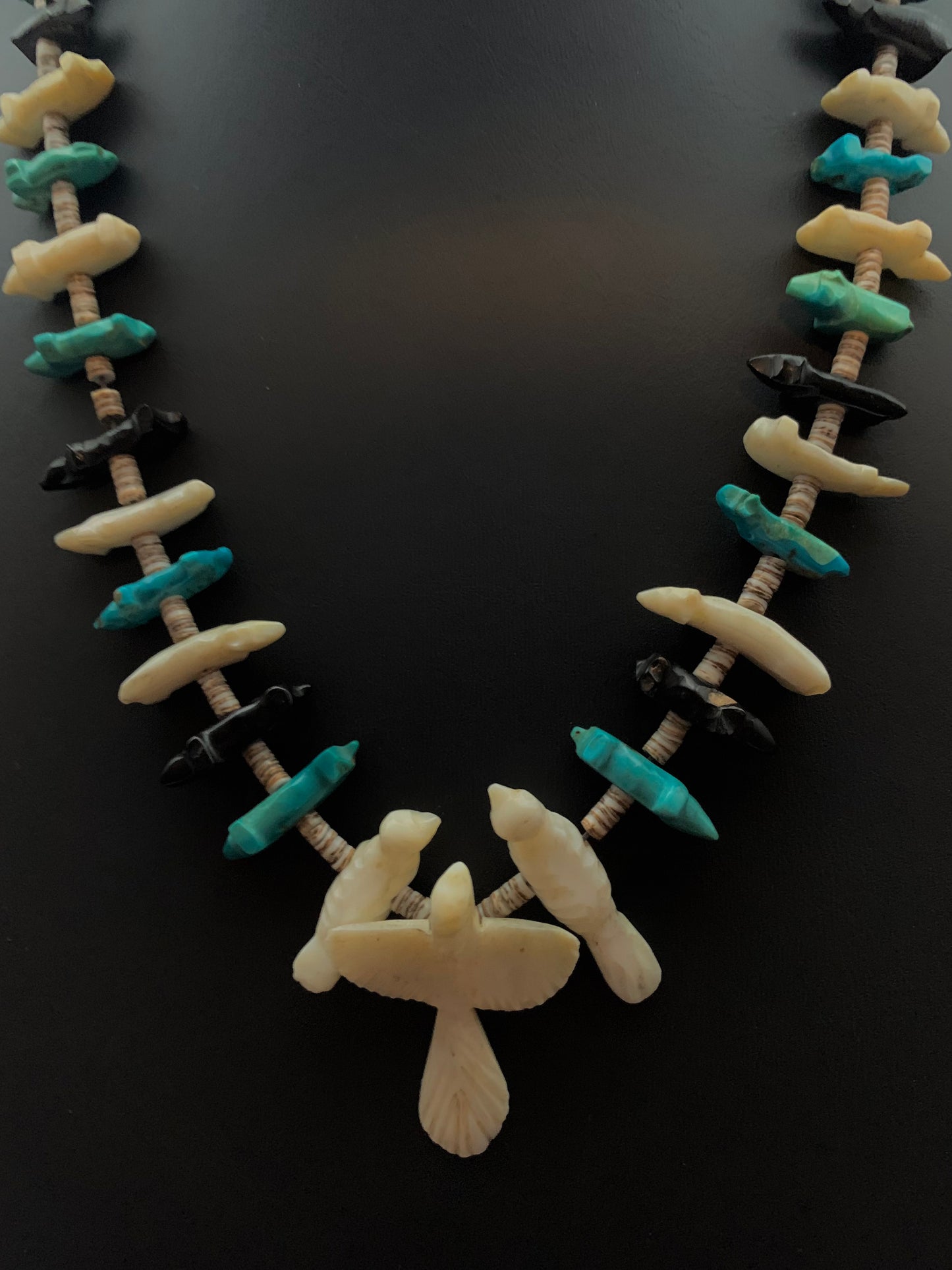 1970s Native Zuni Carved Stone & Turquoise Bear & Bird Fetish Necklace By Saul Yuselew (d.)