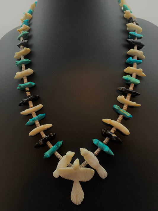 1970s Native Zuni Carved Stone & Turquoise Bear & Bird Fetish Necklace By Saul Yuselew (d.)