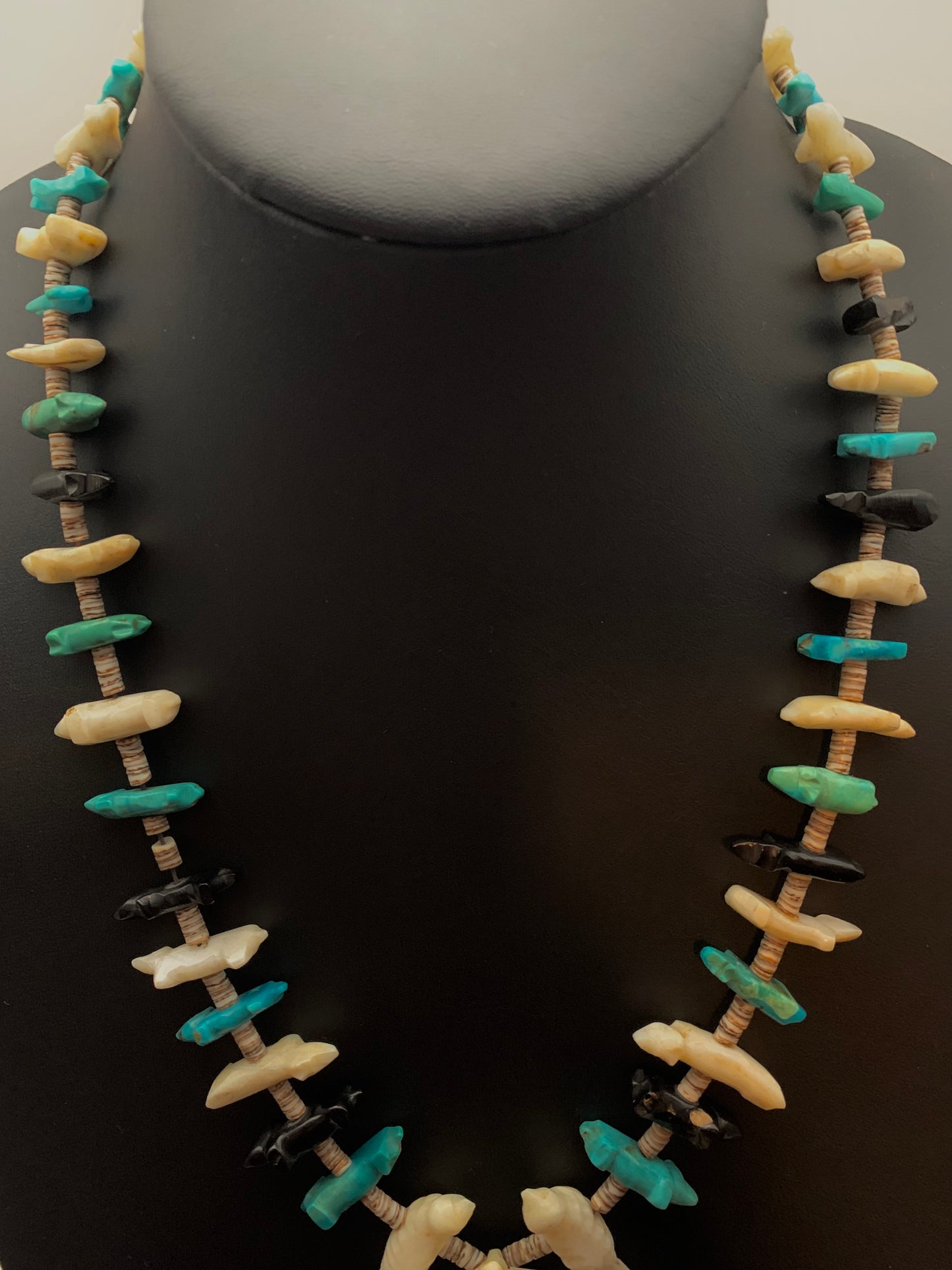 1970s Native Zuni Carved Stone & Turquoise Bear & Bird Fetish Necklace By Saul Yuselew (d.)