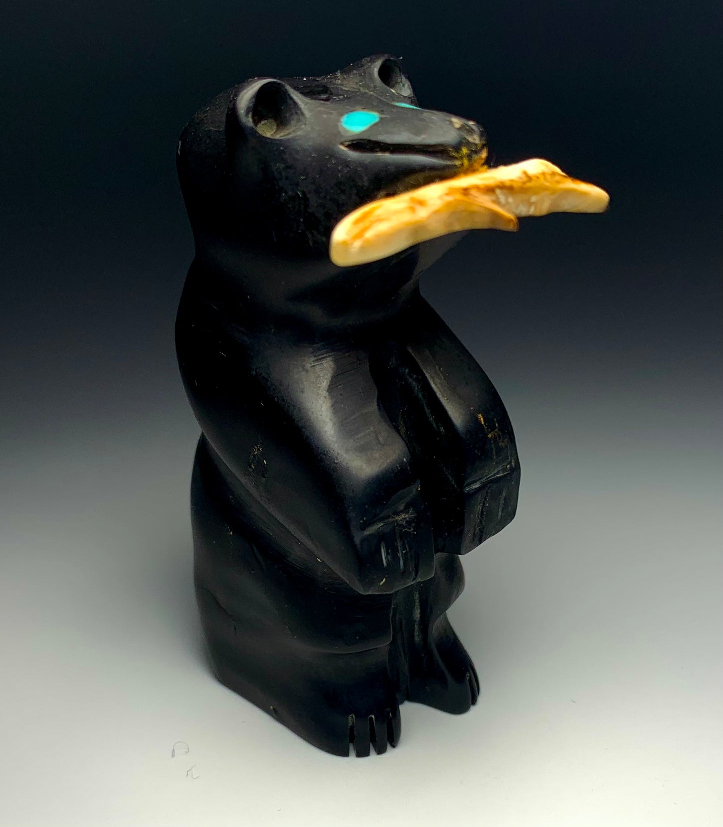 1970s Native Zuni Carved Jet Standing Bear Fetish By Barlow Quandelacy