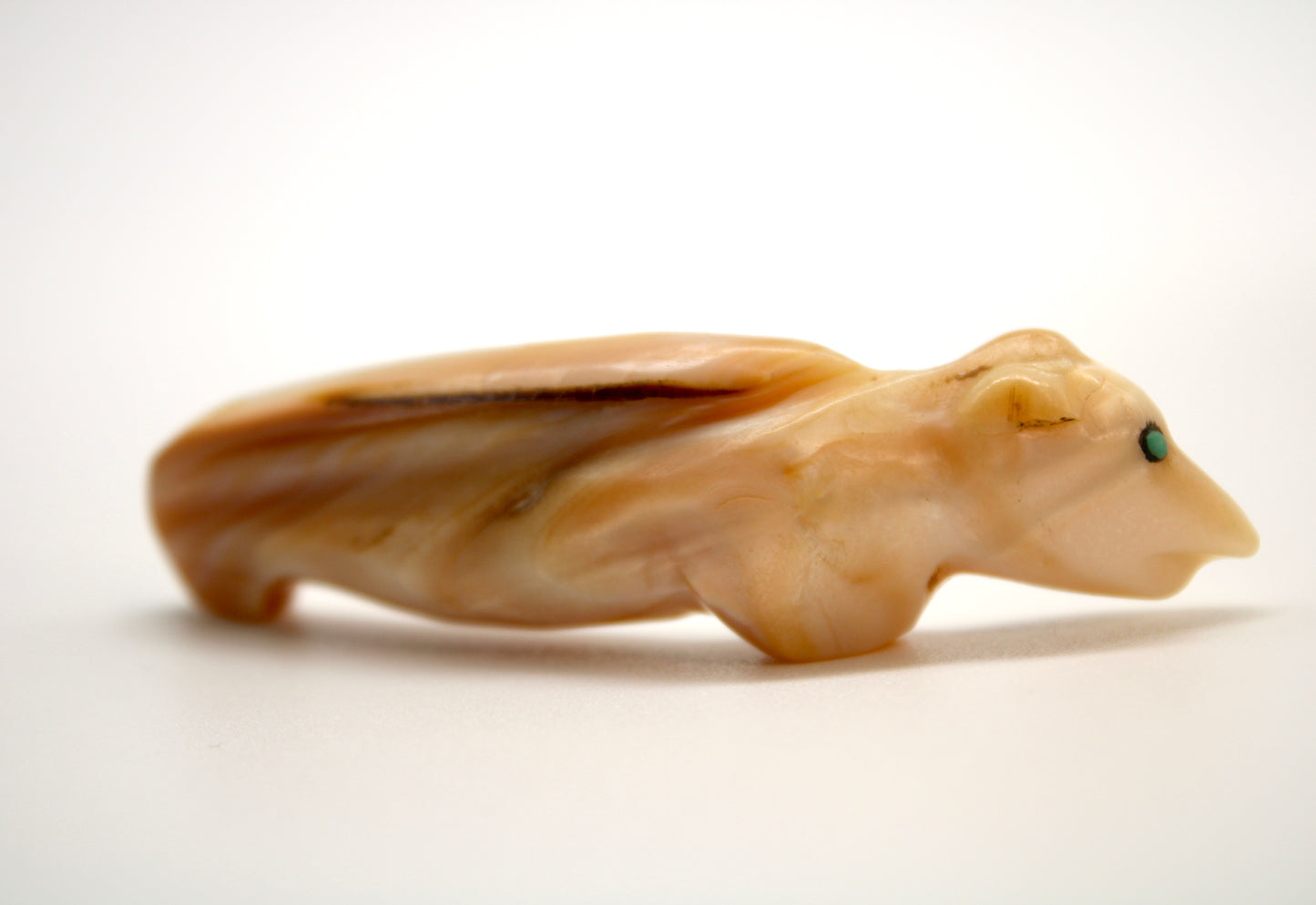 Finest Mid Century Native Zuni Carved Mother of Pearl Mountain Lion Fetish By Leekya Deyuse (d.)