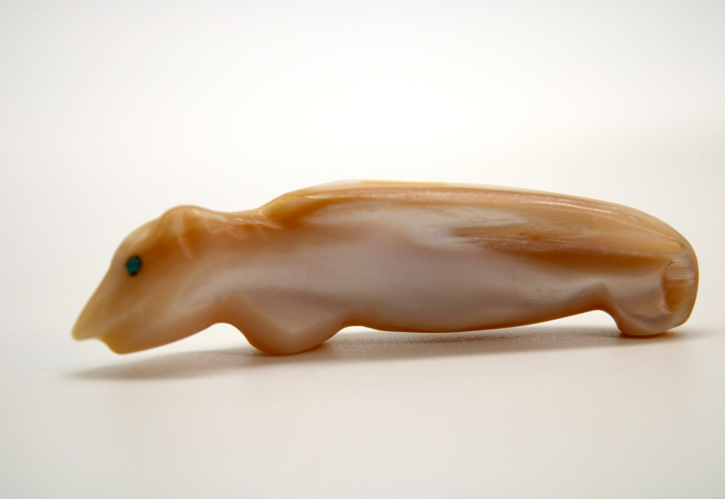 Finest Mid Century Native Zuni Carved Mother of Pearl Mountain Lion Fetish By Leekya Deyuse (d.)