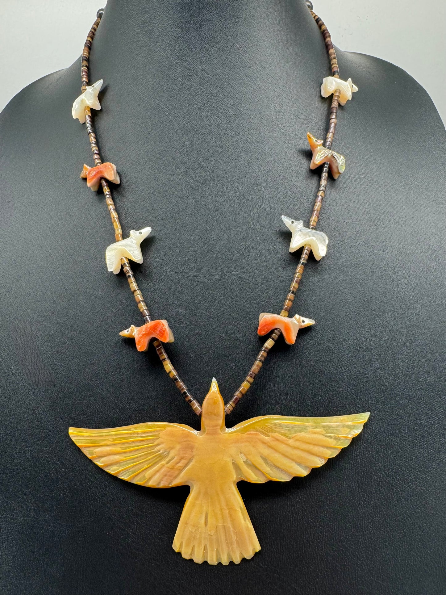 Finest 1970s Native Zuni Carved Bear & Shell Bird Fetish Necklace By George Haloo Chee Chee (d.)