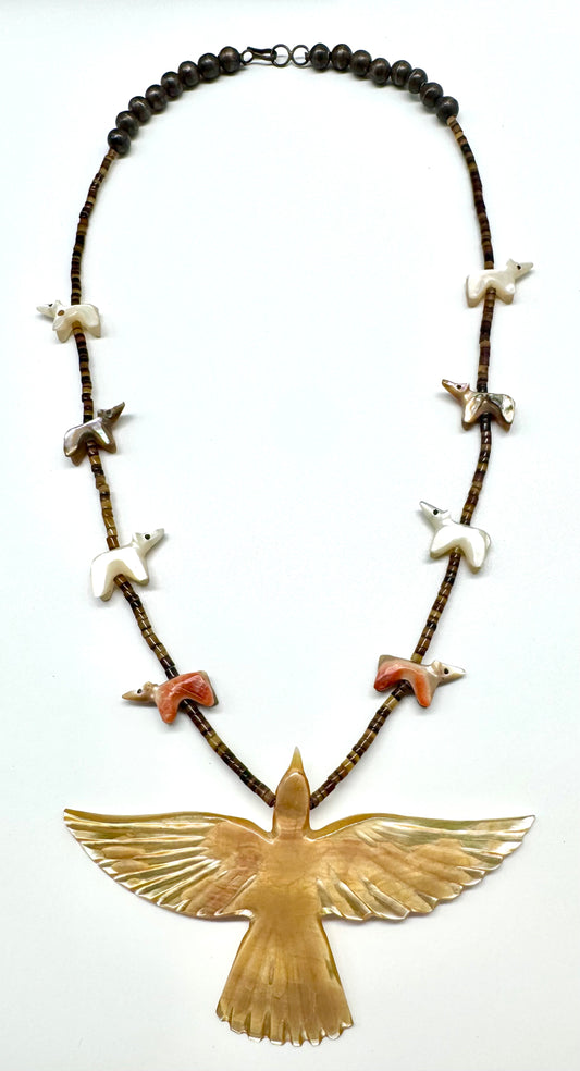 Finest 1970s Native Zuni Carved Bear & Shell Bird Fetish Necklace By George Haloo Chee Chee (d.)