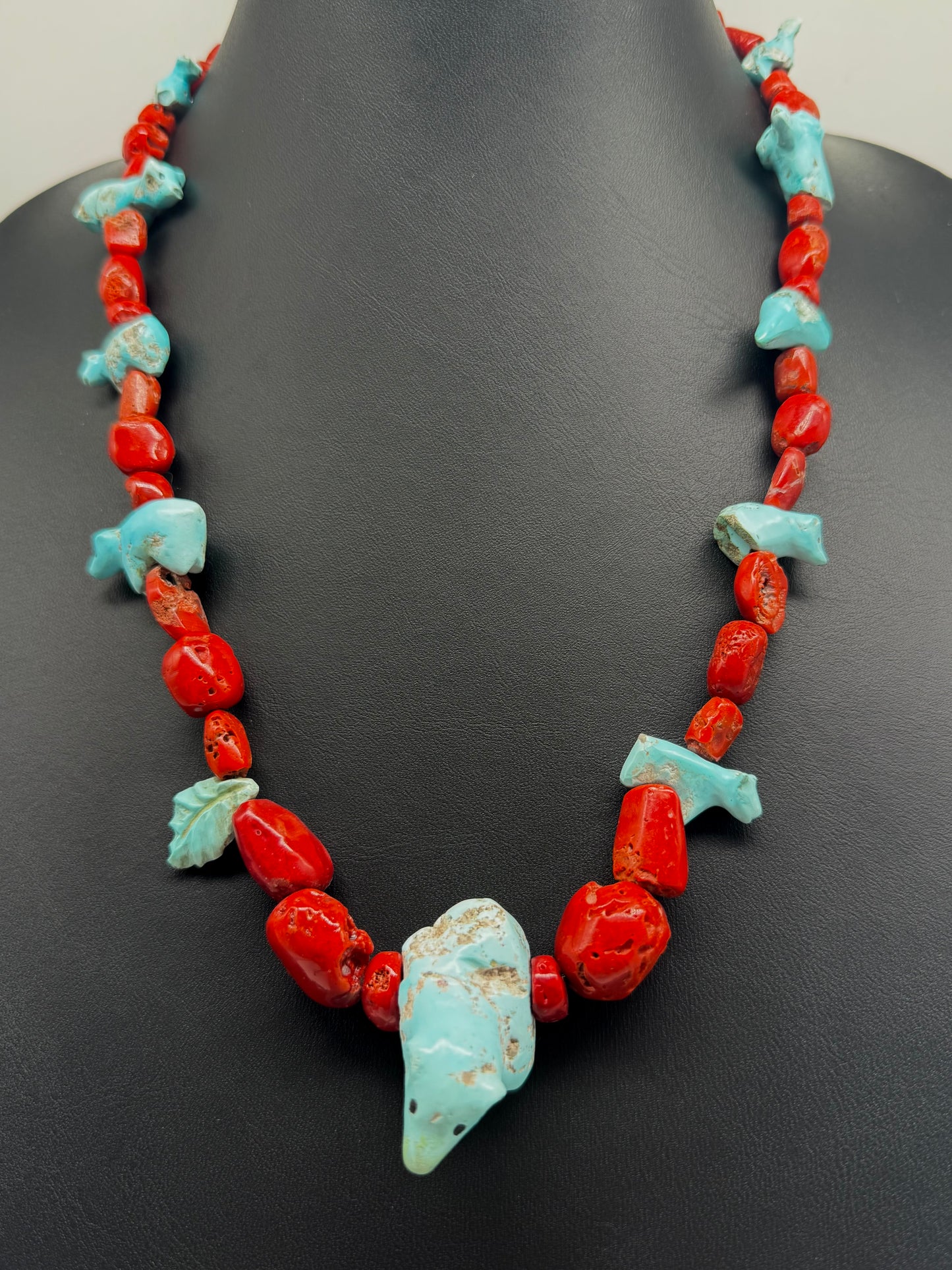 Finest Mid Century Museum Quality Native Zuni Carved Turquoise Ram & Bear Fetish Necklace By Leekya Deyuse (d.)