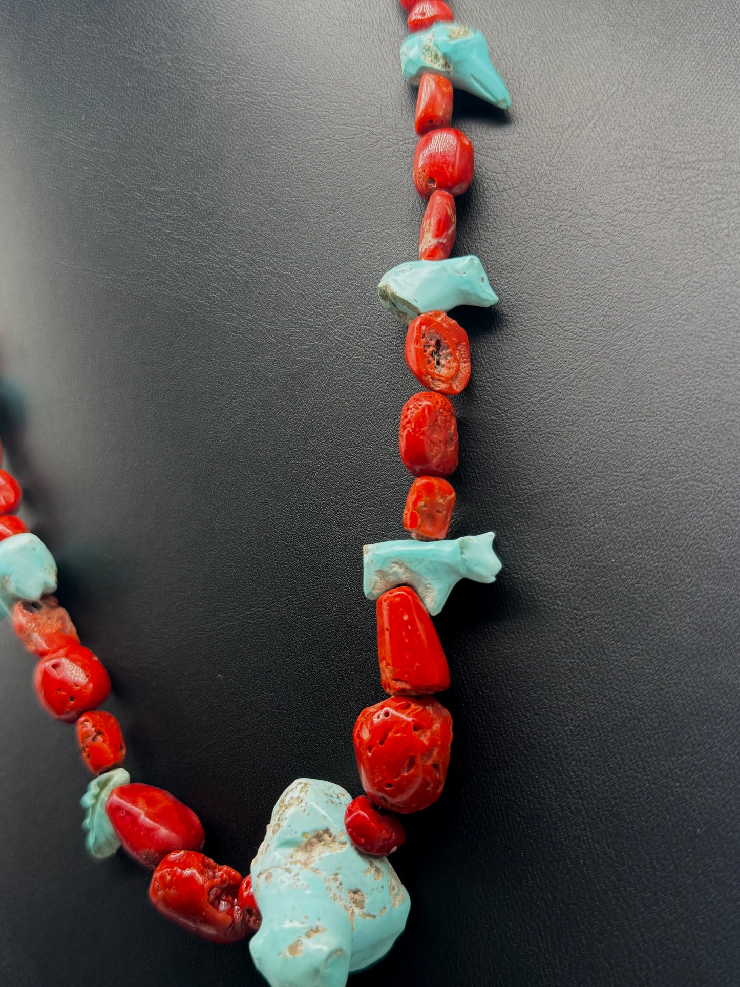 Finest Mid Century Museum Quality Native Zuni Carved Turquoise Ram & Bear Fetish Necklace By Leekya Deyuse (d.)