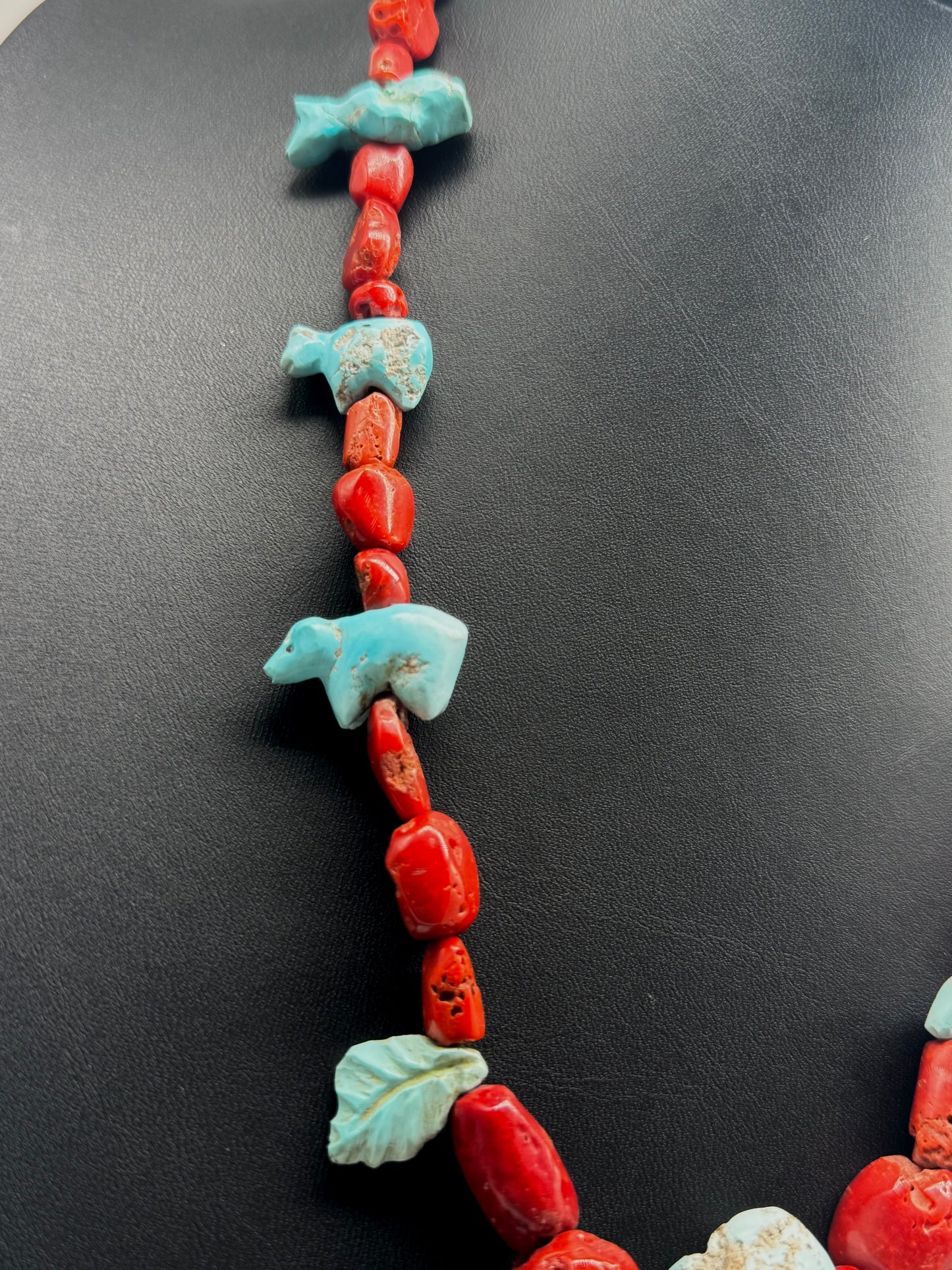 Finest Mid Century Museum Quality Native Zuni Carved Turquoise Ram & Bear Fetish Necklace By Leekya Deyuse (d.)