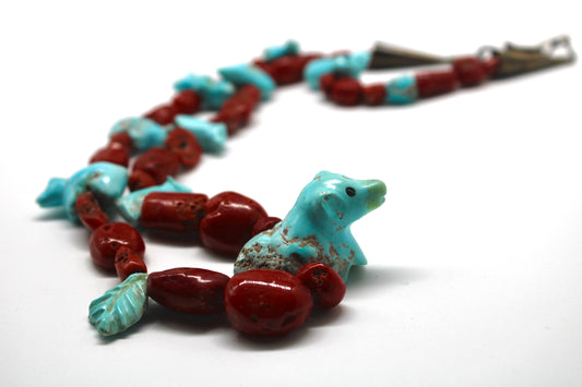 Finest Mid Century Museum Quality Native Zuni Carved Turquoise Ram & Bear Fetish Necklace By Leekya Deyuse (d.)