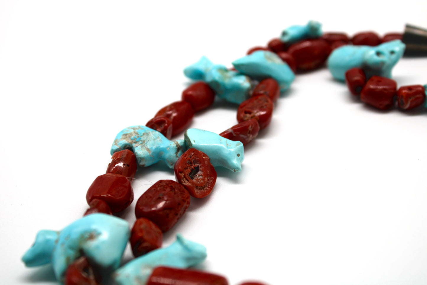 Finest Mid Century Museum Quality Native Zuni Carved Turquoise Ram & Bear Fetish Necklace By Leekya Deyuse (d.)