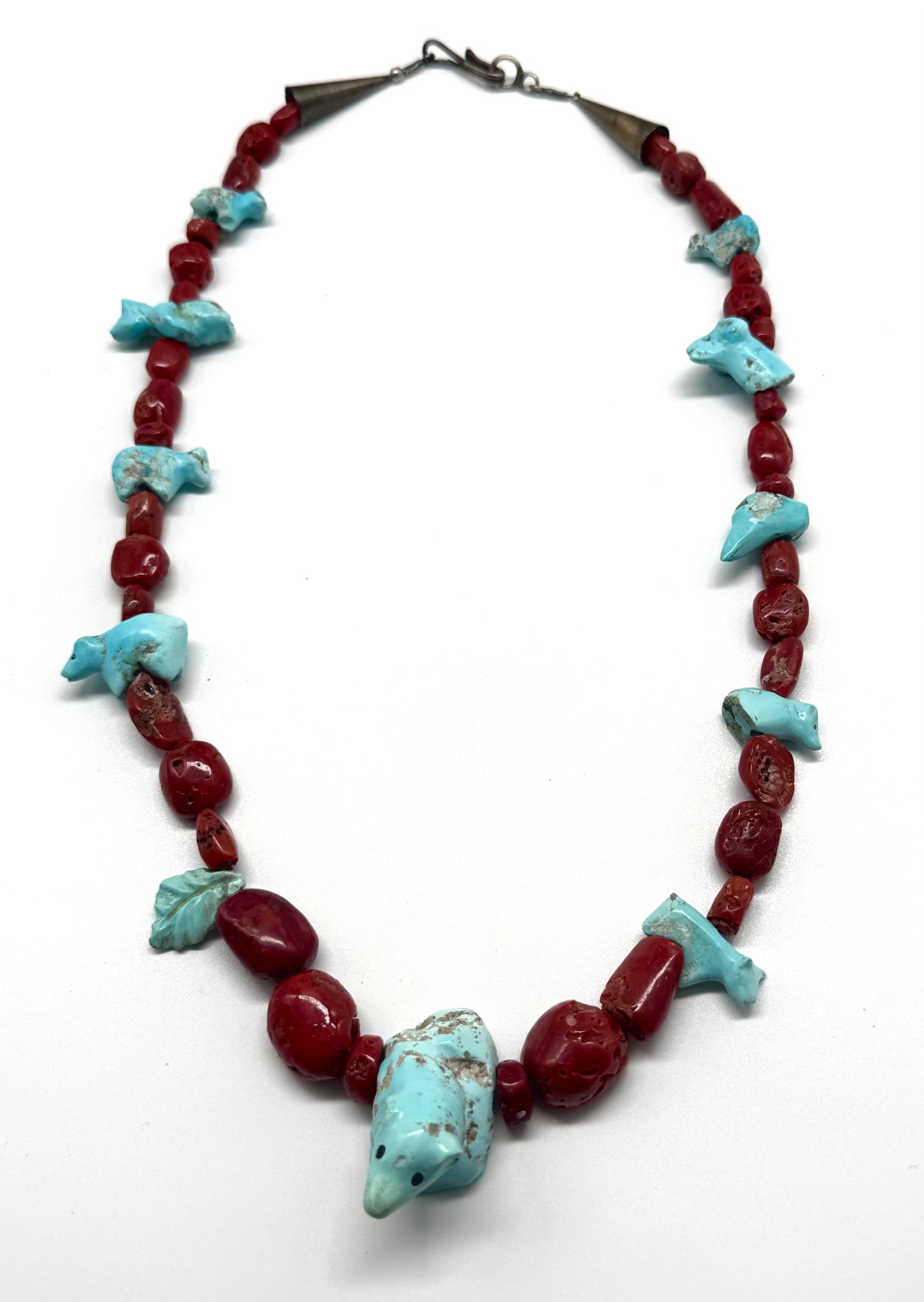 Finest Mid Century Museum Quality Native Zuni Carved Turquoise Ram & Bear Fetish Necklace By Leekya Deyuse (d.)