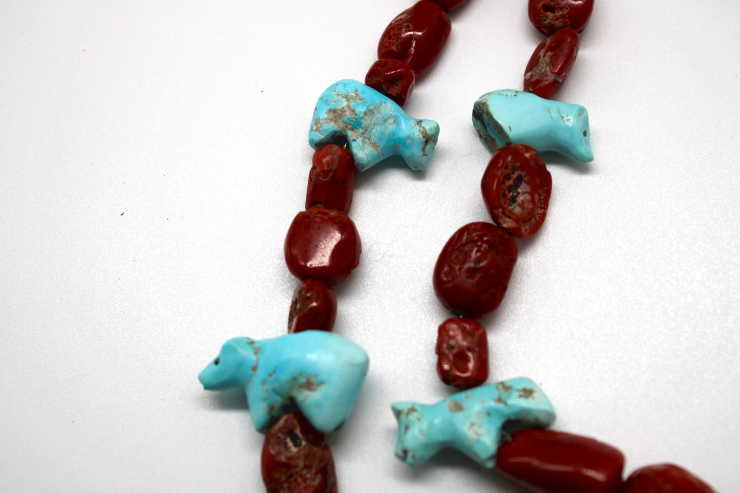 Finest Mid Century Museum Quality Native Zuni Carved Turquoise Ram & Bear Fetish Necklace By Leekya Deyuse (d.)