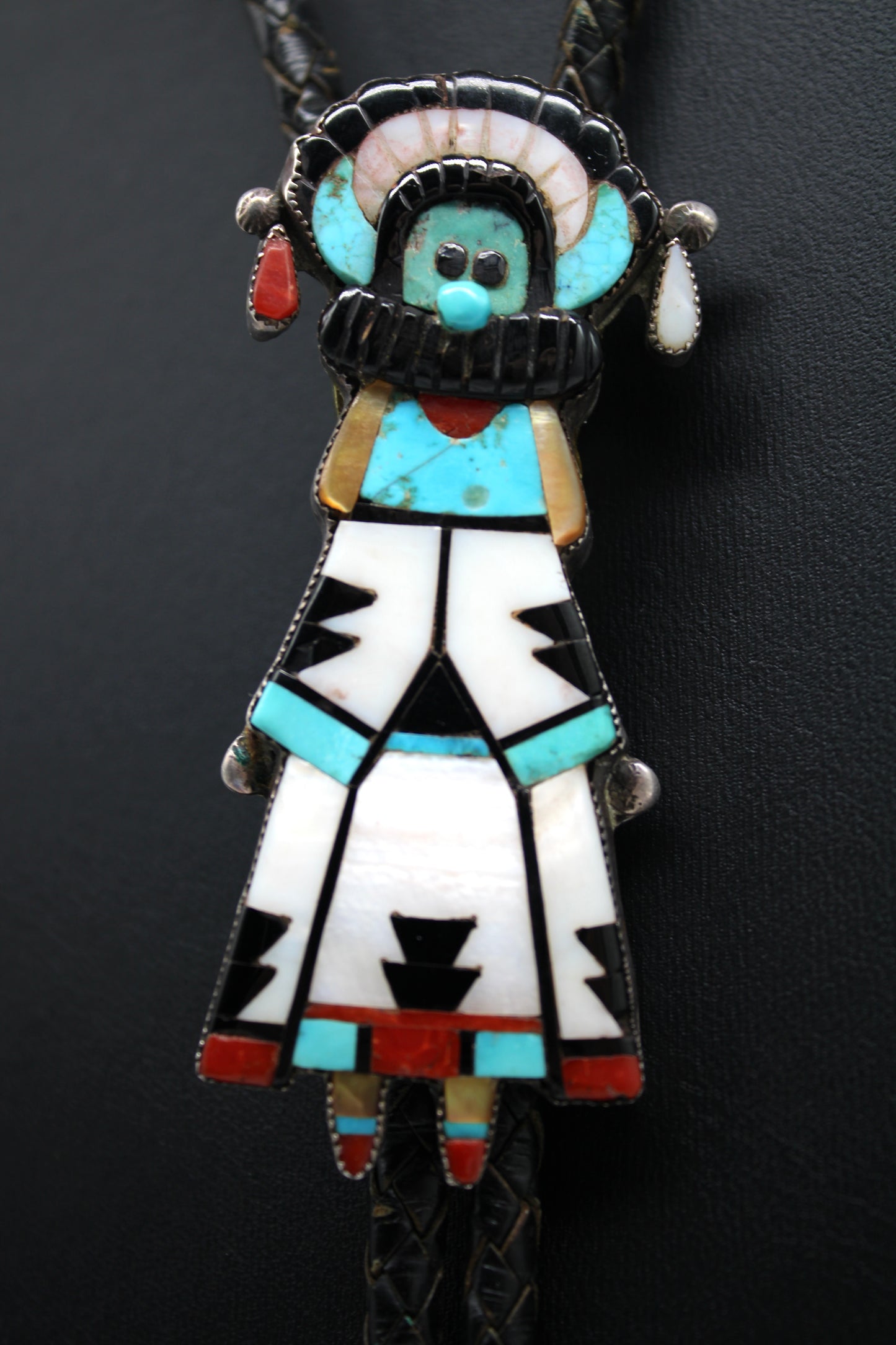 Mid Century Native Zuni Multi Stone Inlay Shalako Bolo By Leo Poblano (d.)