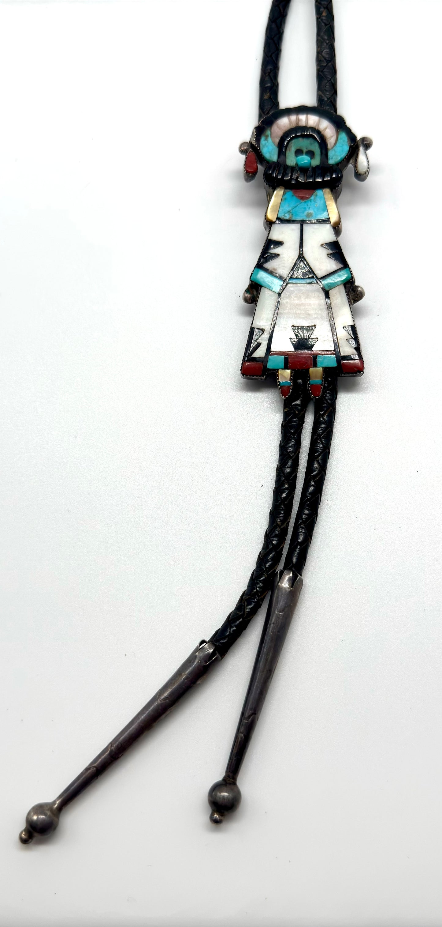 Mid Century Native Zuni Multi Stone Inlay Shalako Bolo By Leo Poblano (d.)