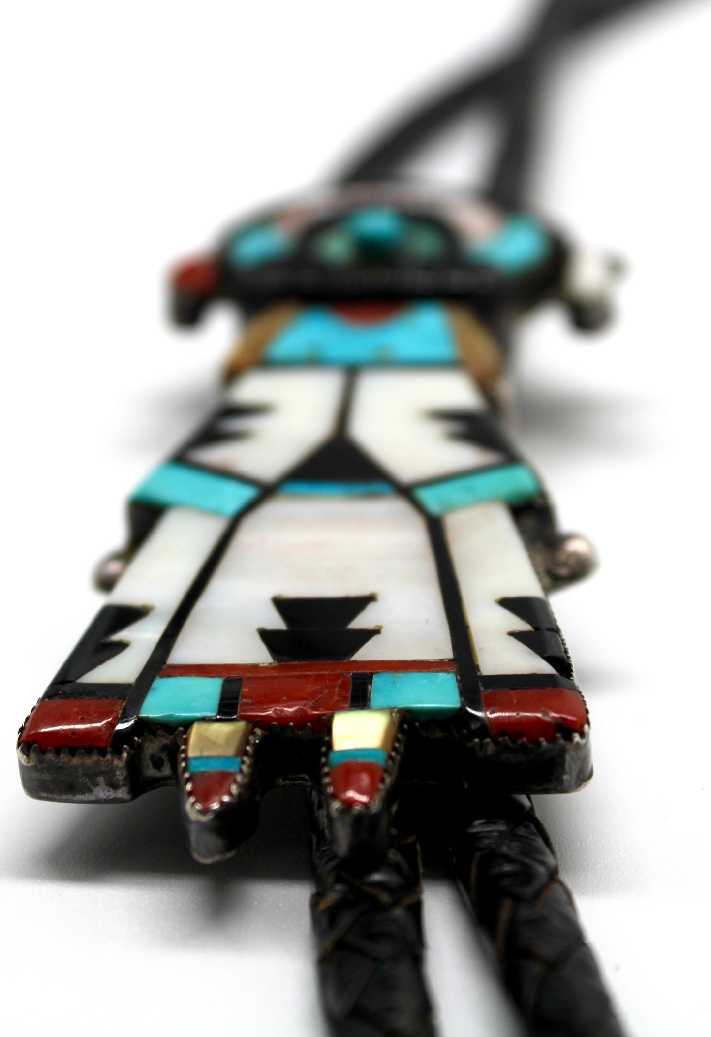 Mid Century Native Zuni Multi Stone Inlay Shalako Bolo By Leo Poblano (d.)