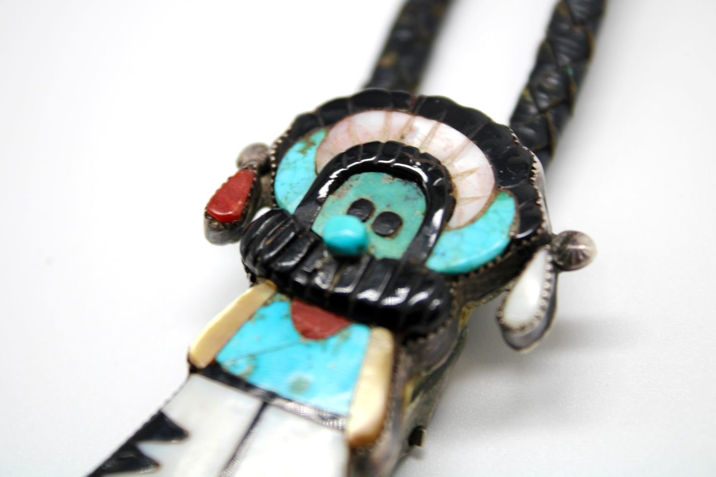 Mid Century Native Zuni Multi Stone Inlay Shalako Bolo By Leo Poblano (d.)