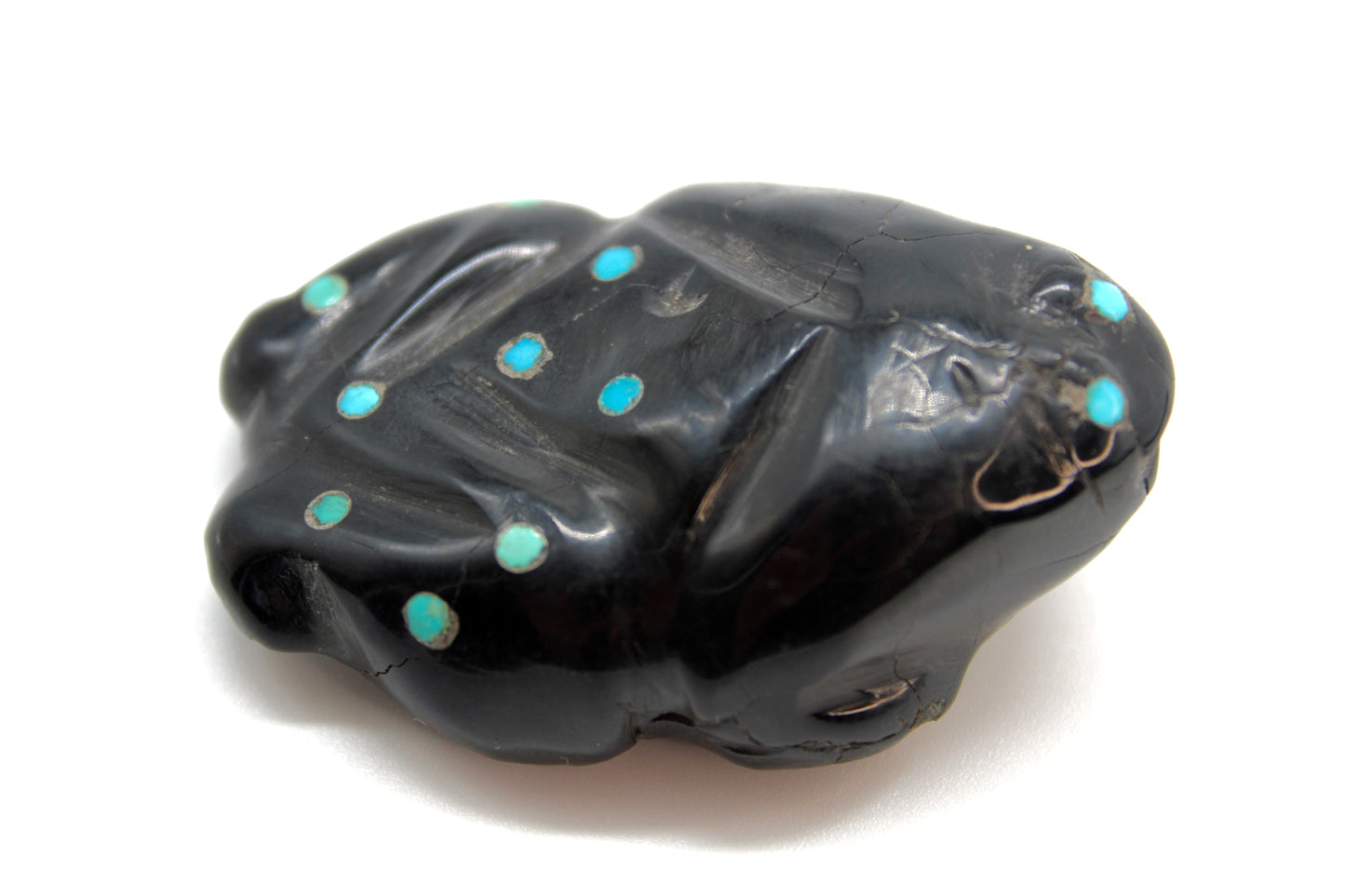 Mid Century Native Zuni Carved Jet & Turquoise Inlay Frog Fetish By Leo Poblano (d.)