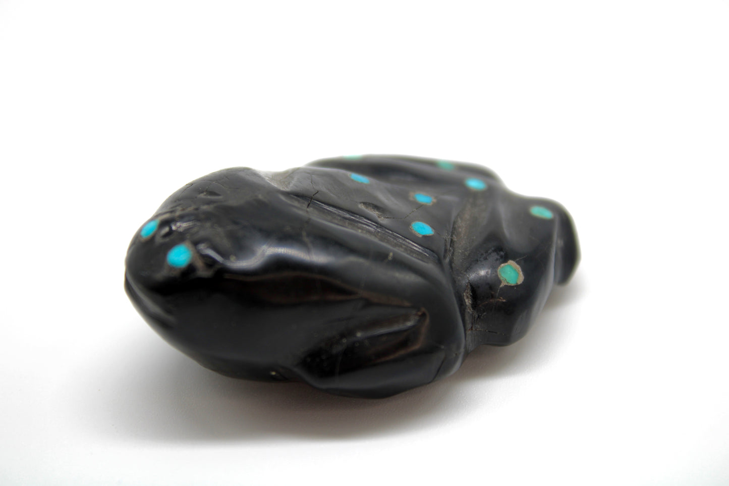 Mid Century Native Zuni Carved Jet & Turquoise Inlay Frog Fetish By Leo Poblano (d.)