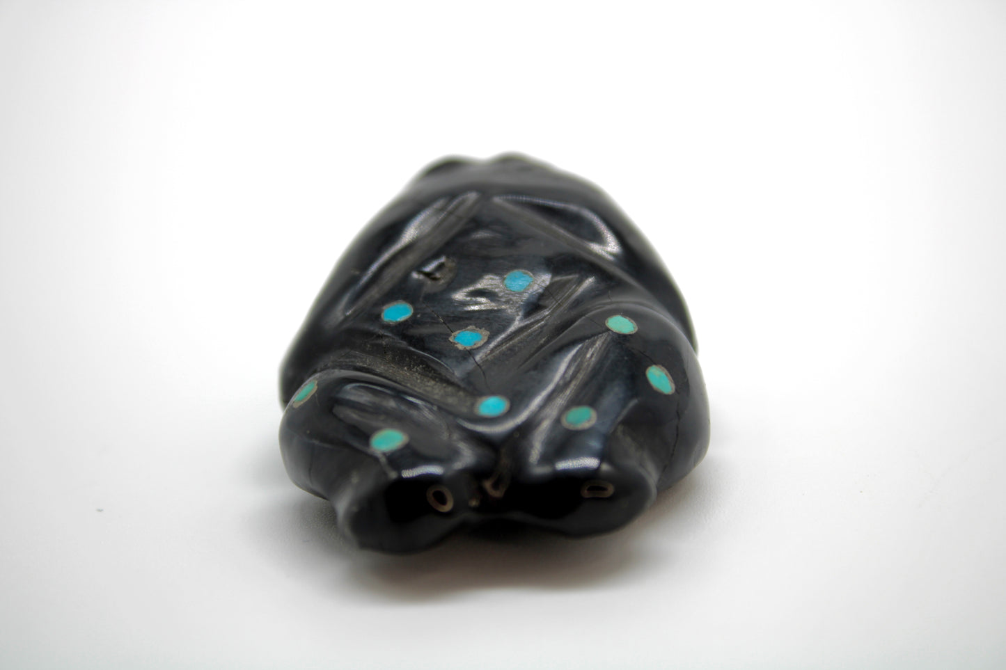 Mid Century Native Zuni Carved Jet & Turquoise Inlay Frog Fetish By Leo Poblano (d.)