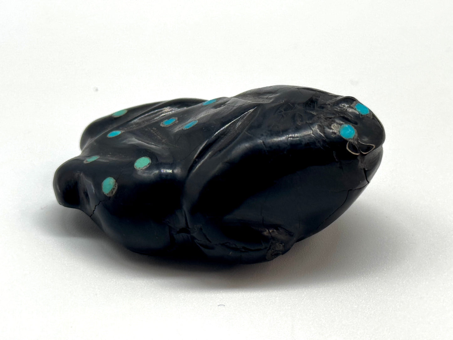 Mid Century Native Zuni Carved Jet & Turquoise Inlay Frog Fetish By Leo Poblano (d.)