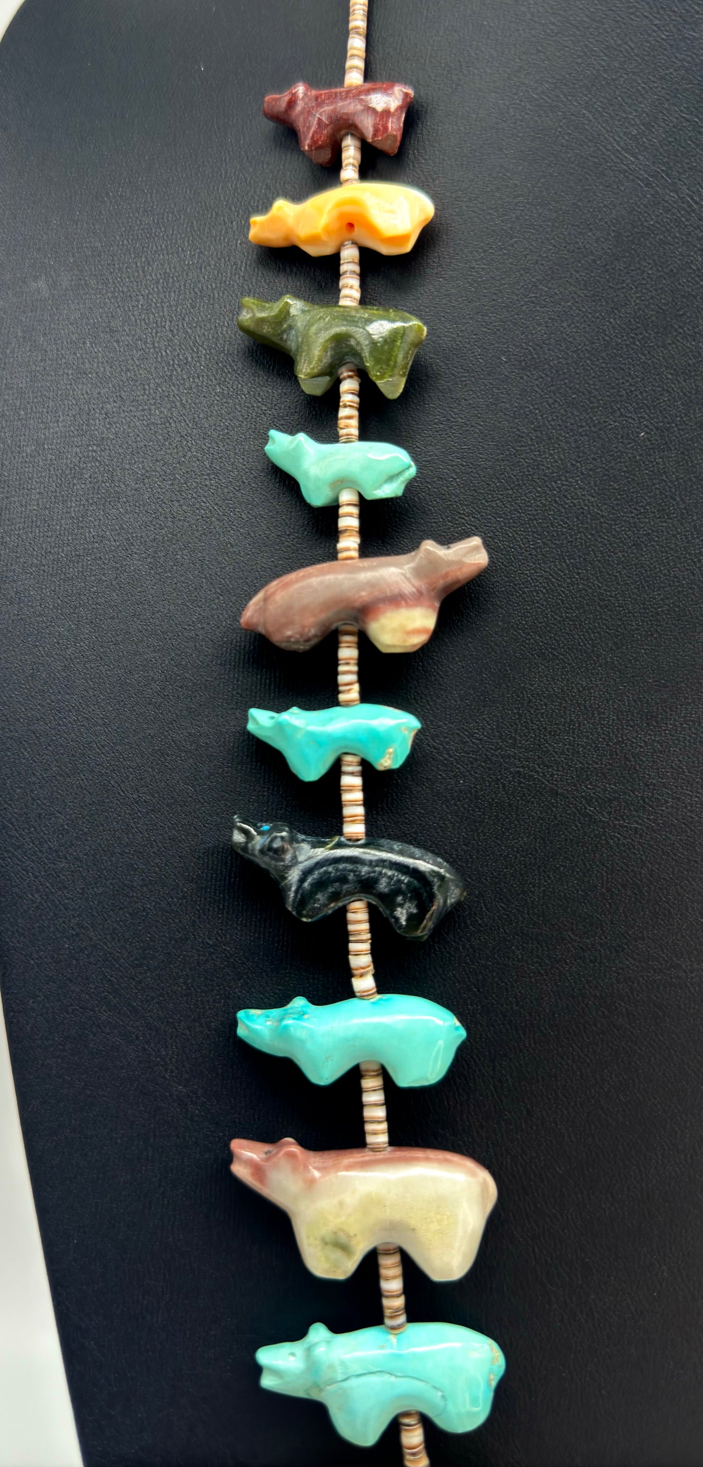1970s Native Zuni Carved Muti Stone Bear Fetish Necklace By Alice Leekya Homer (d.)