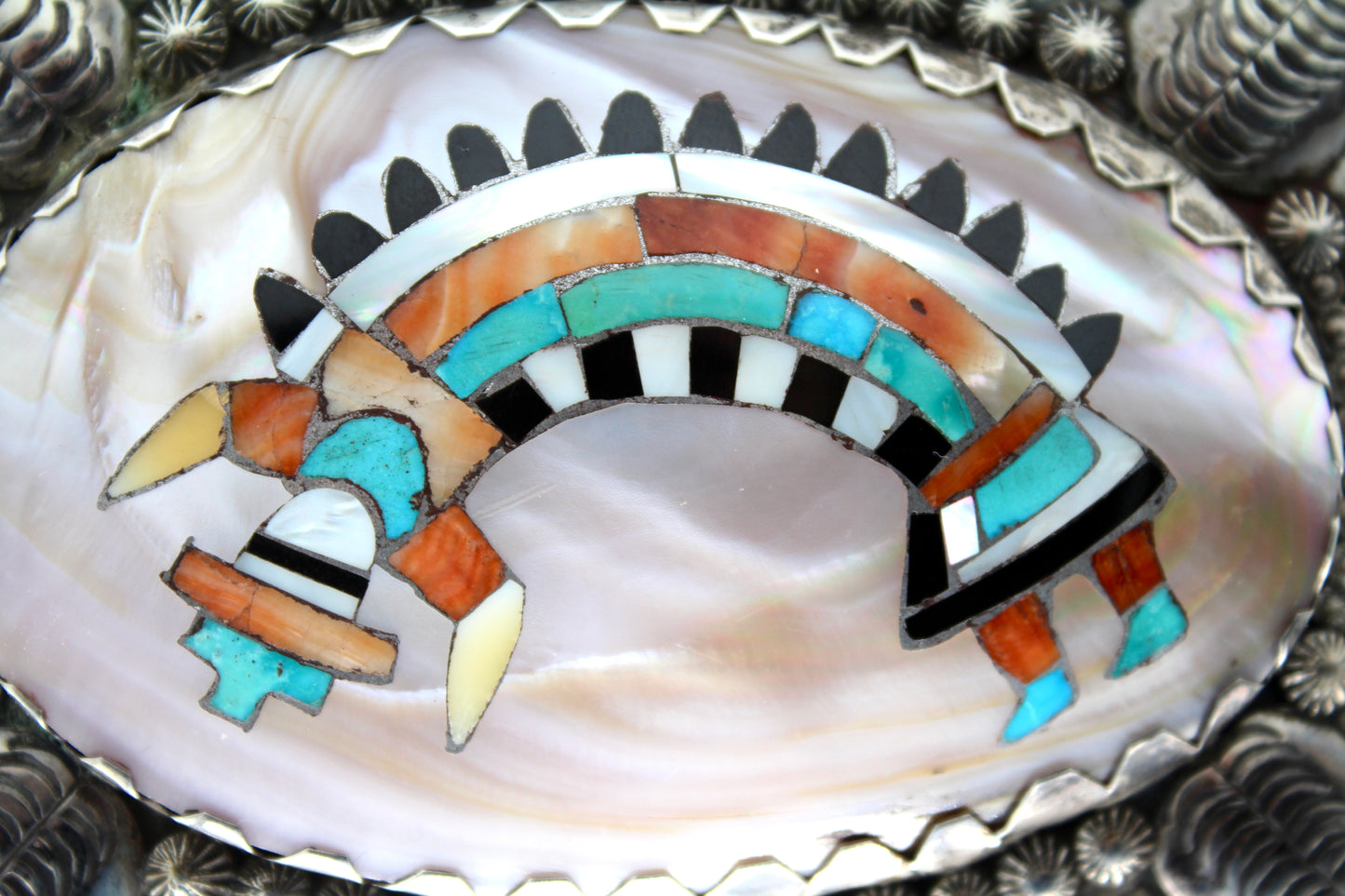 Museum Quality Native Zuni Shell & Multistone Inlay Rainbowman Buckle By Robert Leekya