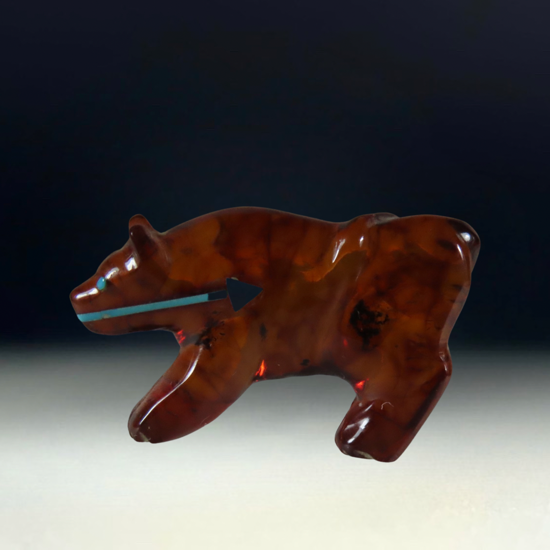 Native Zuni Carved Amber Heartline Mountain Lion Fetish By Andres Quandelacy