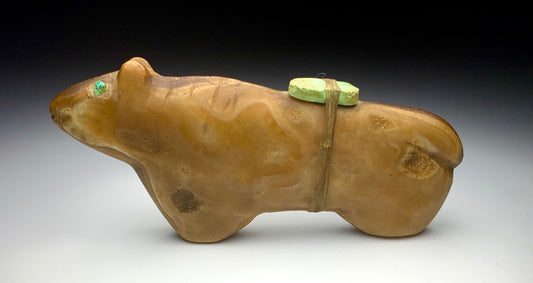 Mid Century Native Zuni Carved Honey Travertine Bear Fetish By Leo Poblano (d.)