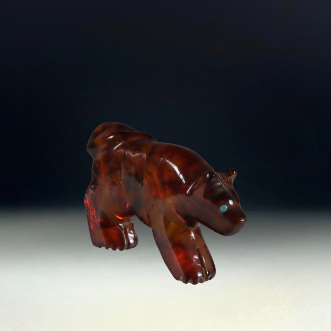 Native Zuni Carved Amber Heartline Mountain Lion Fetish By Andres Quandelacy