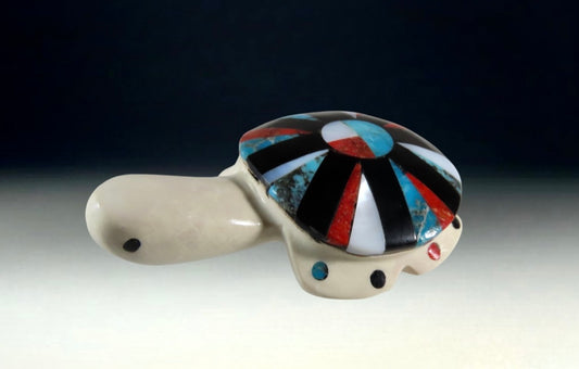 Native Zuni Carved Multi Stone Inlay Sunface Turtle Fetish By Cheryl Beyuka