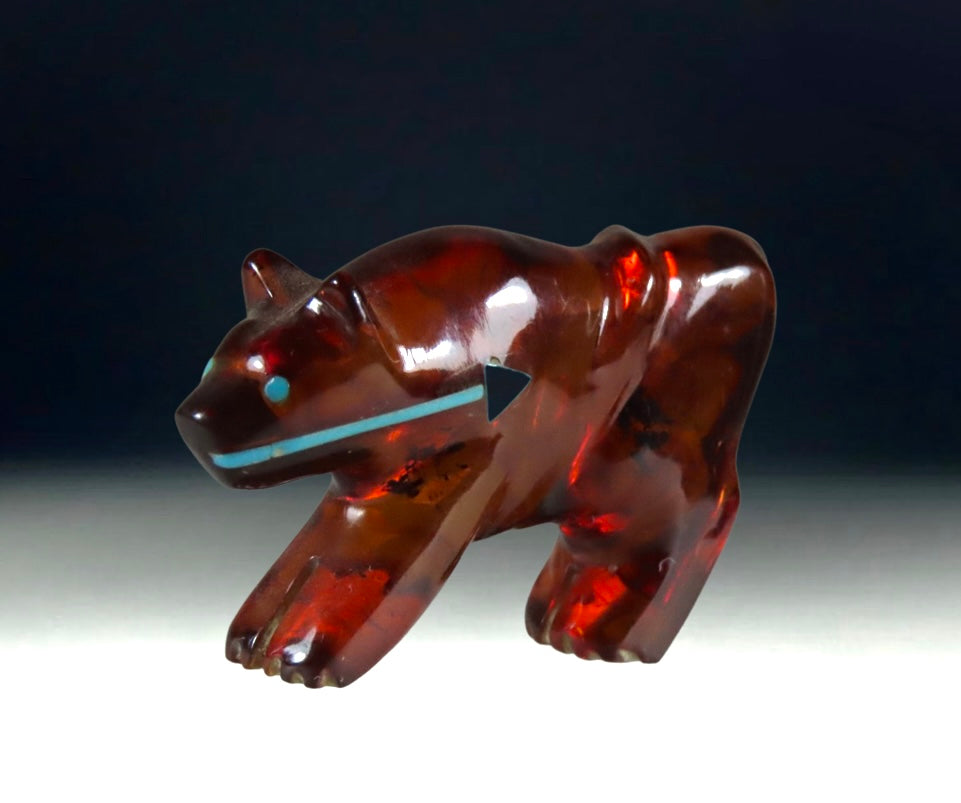 Native Zuni Carved Amber Heartline Mountain Lion Fetish By Andres Quandelacy