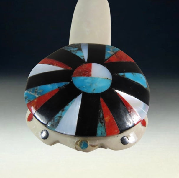 Native Zuni Carved Multi Stone Inlay Sunface Turtle Fetish By Cheryl Beyuka