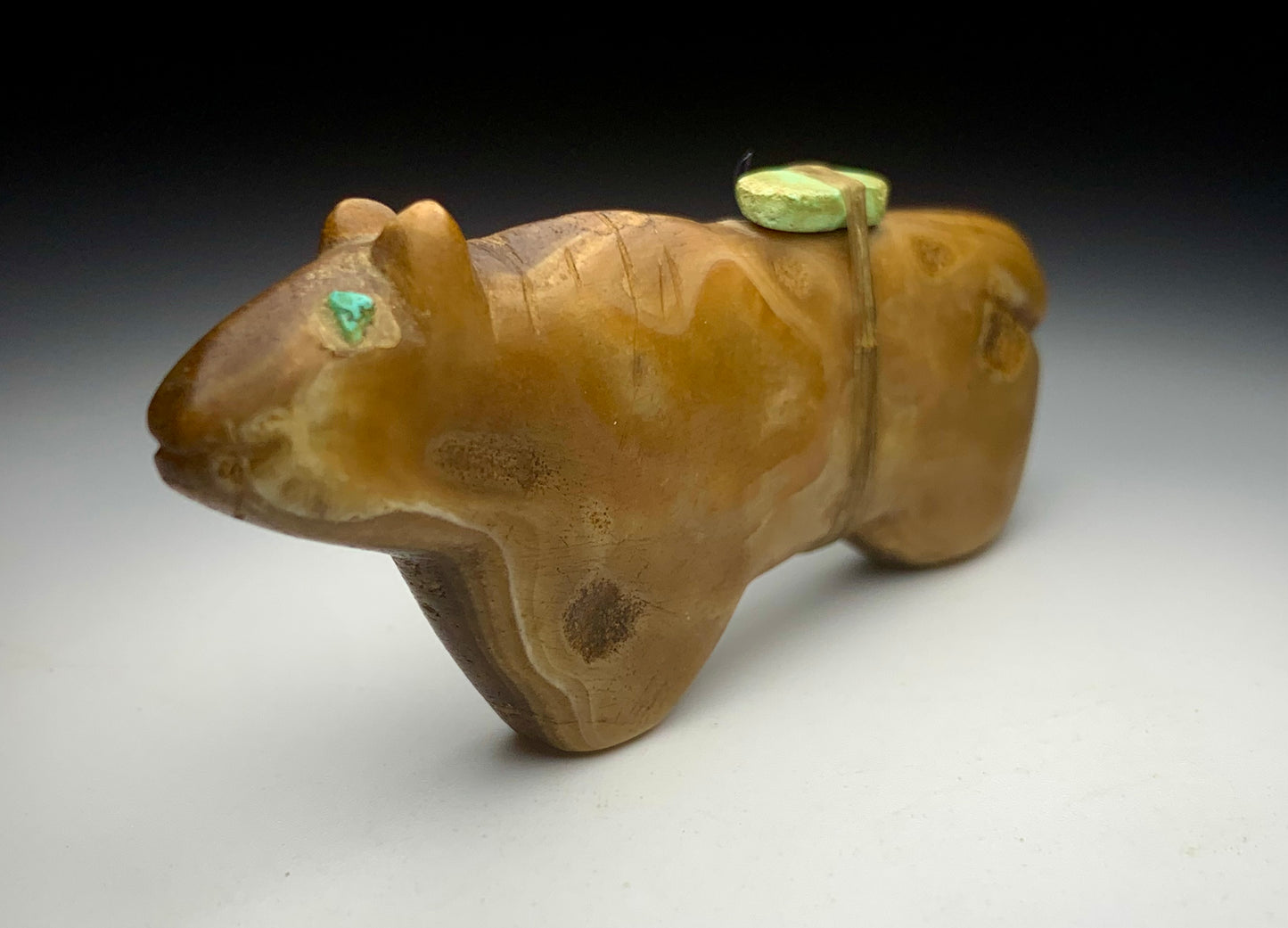 Mid Century Native Zuni Carved Honey Travertine Bear Fetish By Leo Poblano (d.)