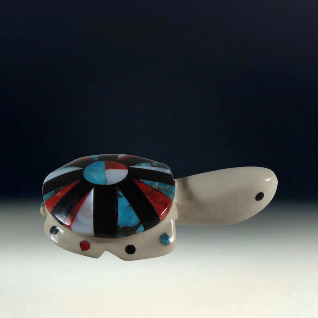 Native Zuni Carved Multi Stone Inlay Sunface Turtle Fetish By Cheryl Beyuka