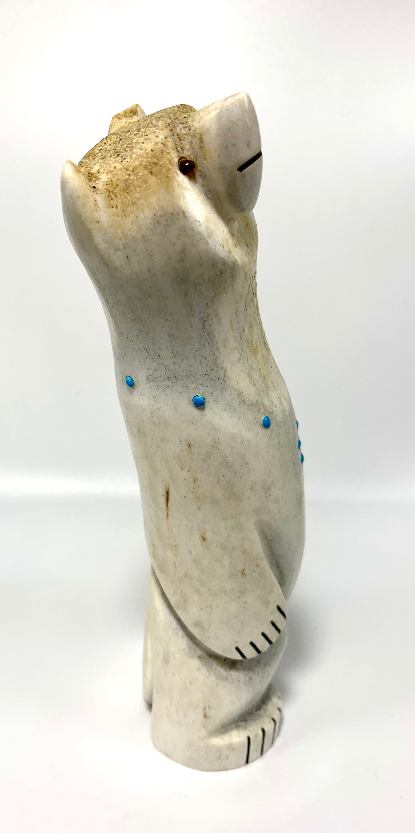 1990s Native Zuni Carved Deer Antler Bear Fetish By Gabe Sice With Ribbon