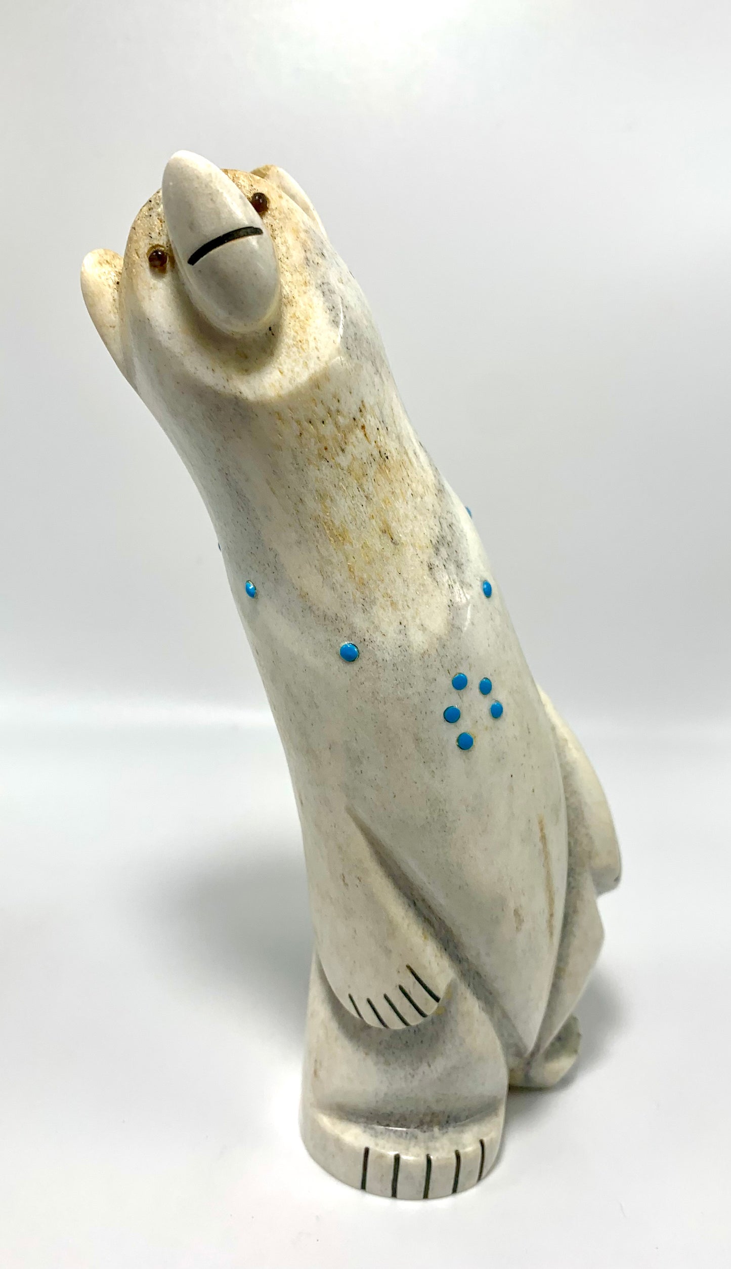 1990s Native Zuni Carved Deer Antler Bear Fetish By Gabe Sice With Ribbon