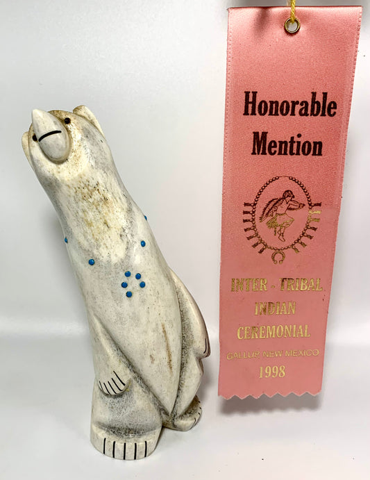 1990s Native Zuni Carved Deer Antler Bear Fetish By Gabe Sice With Ribbon