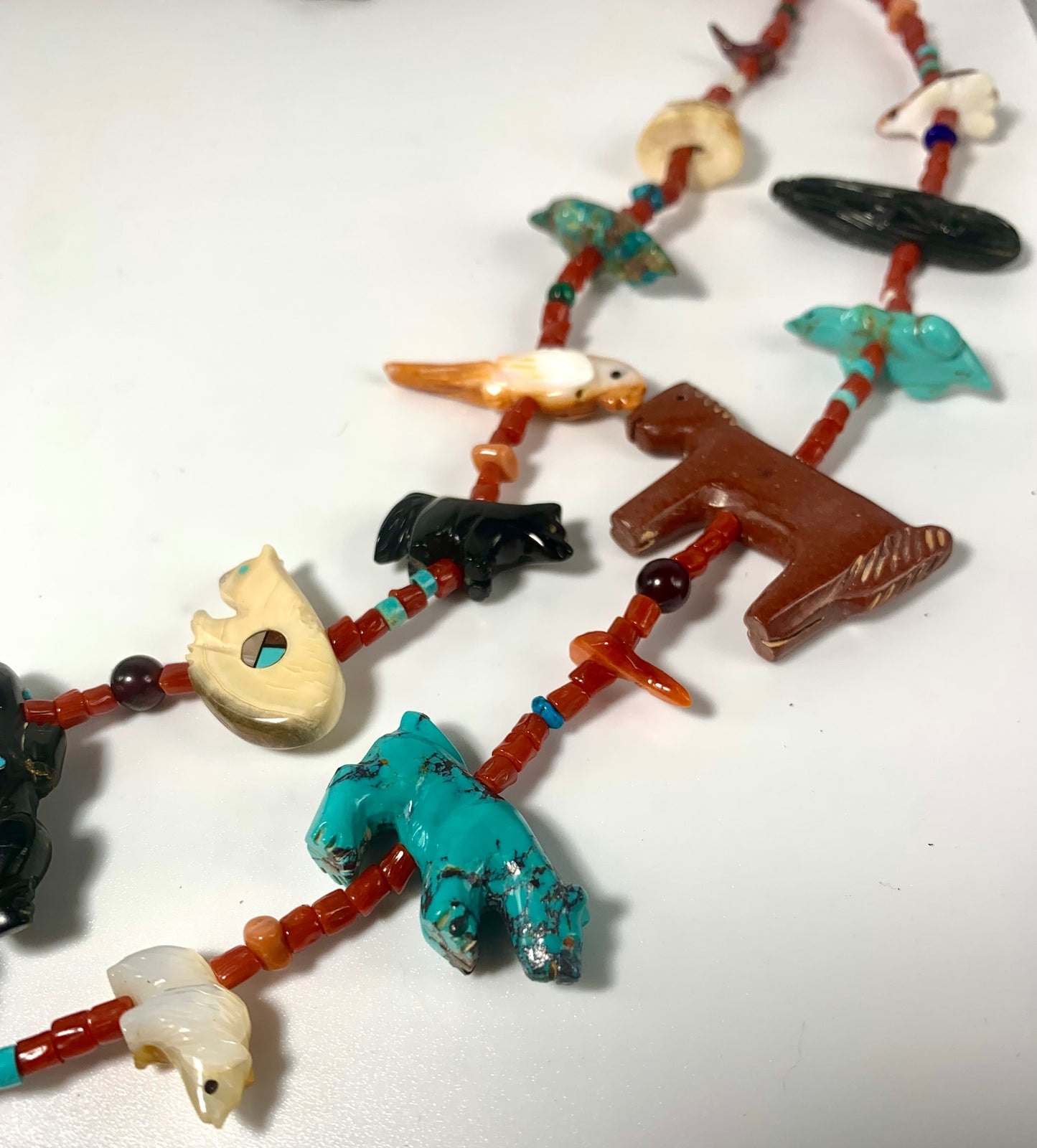 1970s Native Zuni Carved Multi Stone Quandelacy Grandmother Fetish Necklace