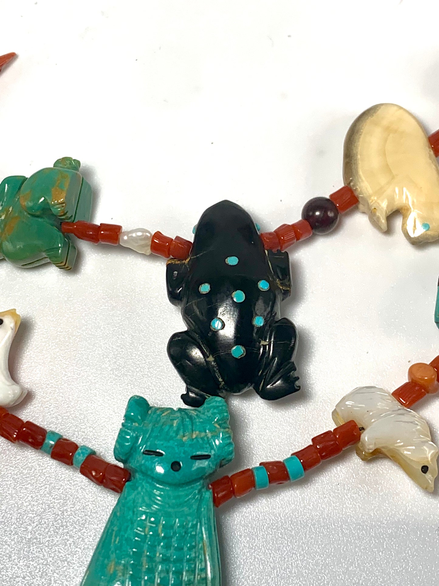 1970s Native Zuni Carved Multi Stone Quandelacy Grandmother Fetish Necklace