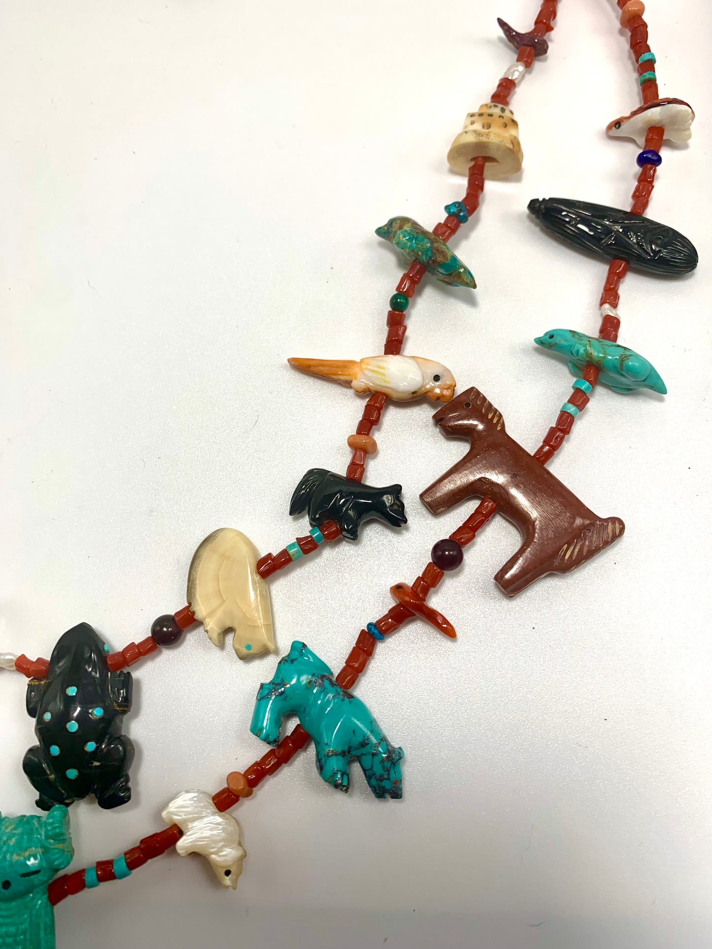 1970s Native Zuni Carved Multi Stone Quandelacy Grandmother Fetish Necklace