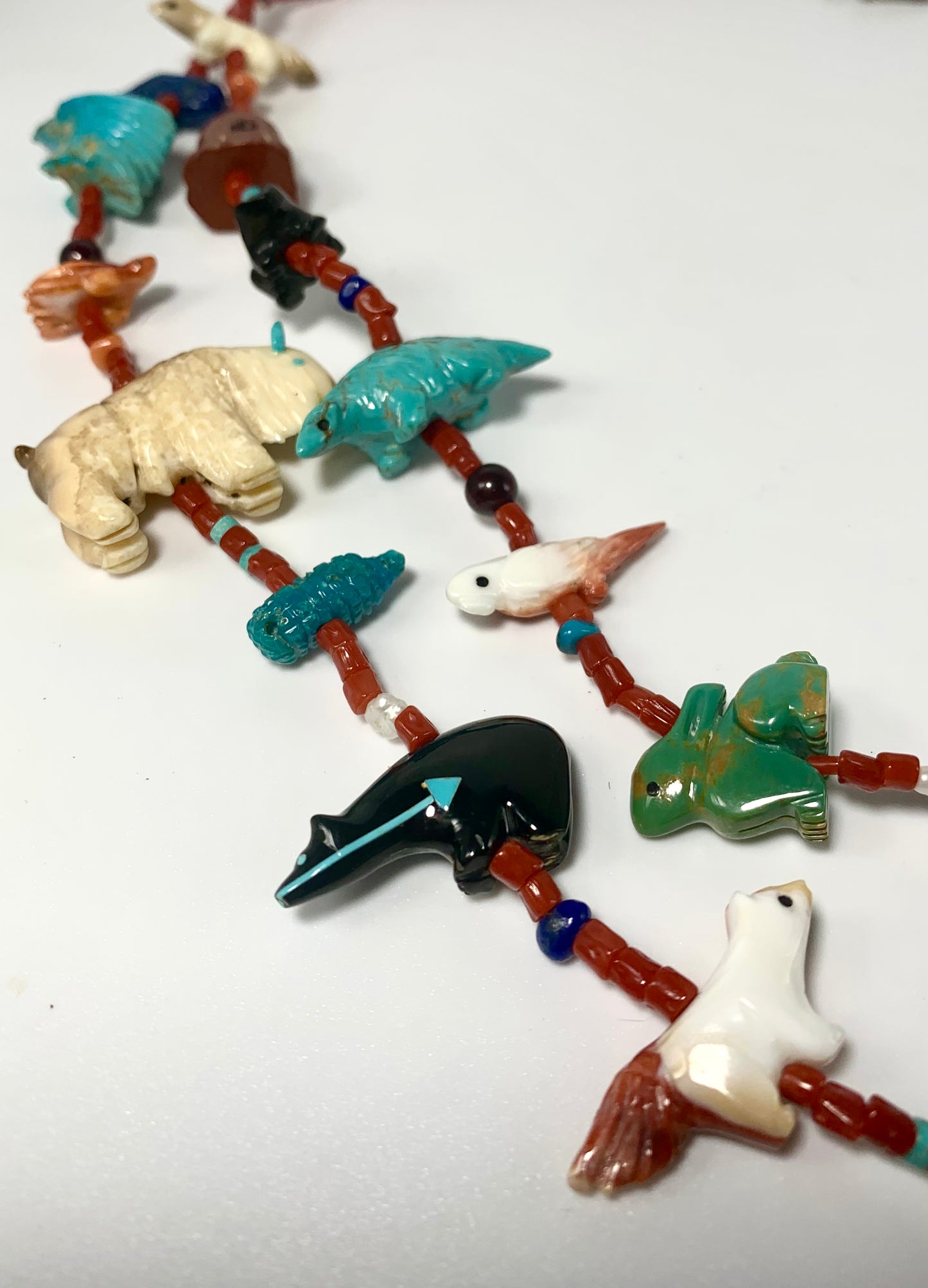 1970s Native Zuni Carved Multi Stone Quandelacy Grandmother Fetish Necklace