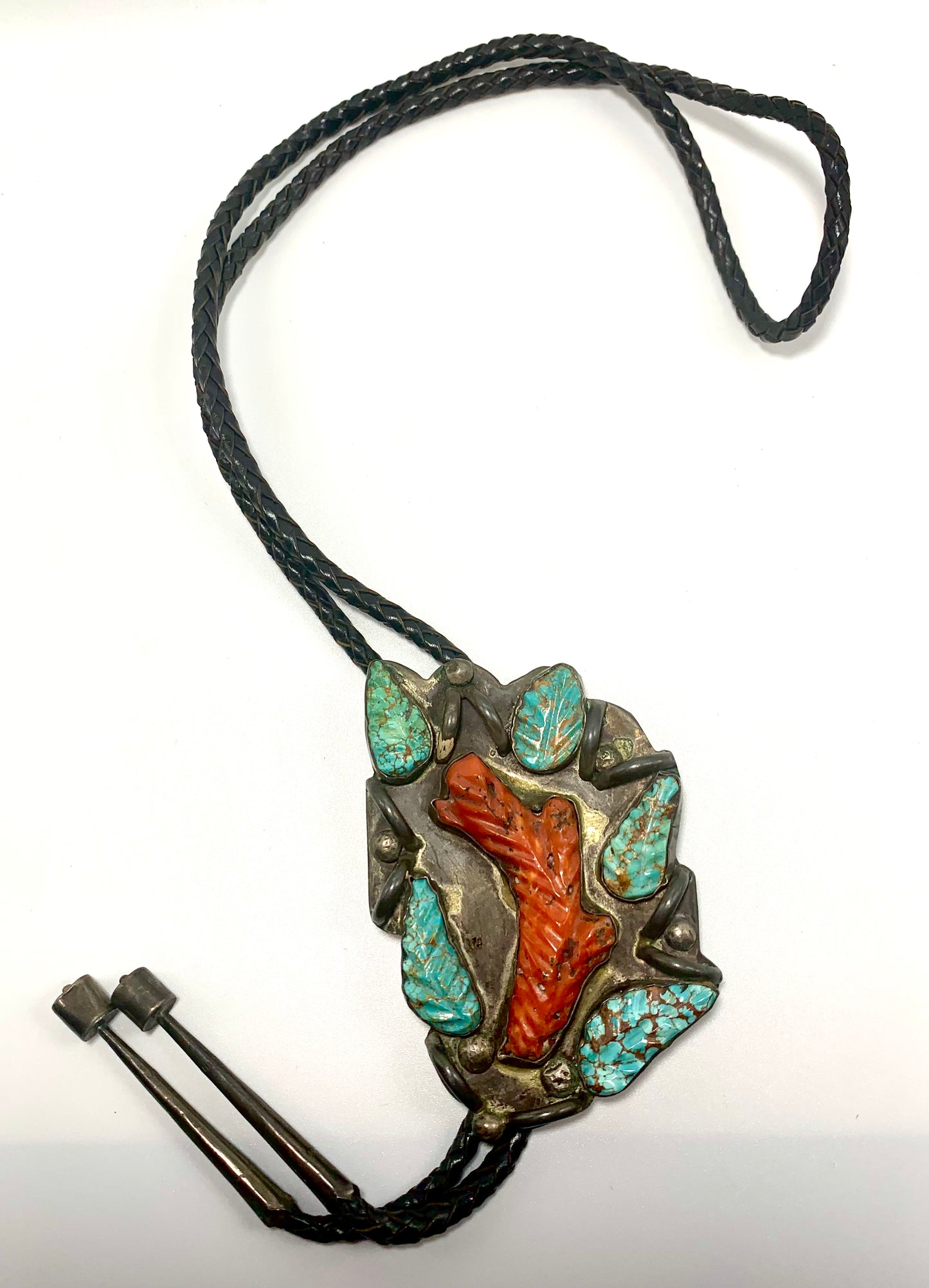 Mid Century Native Zuni Sterling Silver Spiderweb Turquoise Leaf Fetish Bolo By Leekya Deyuse & Dan Simplicio (d.)