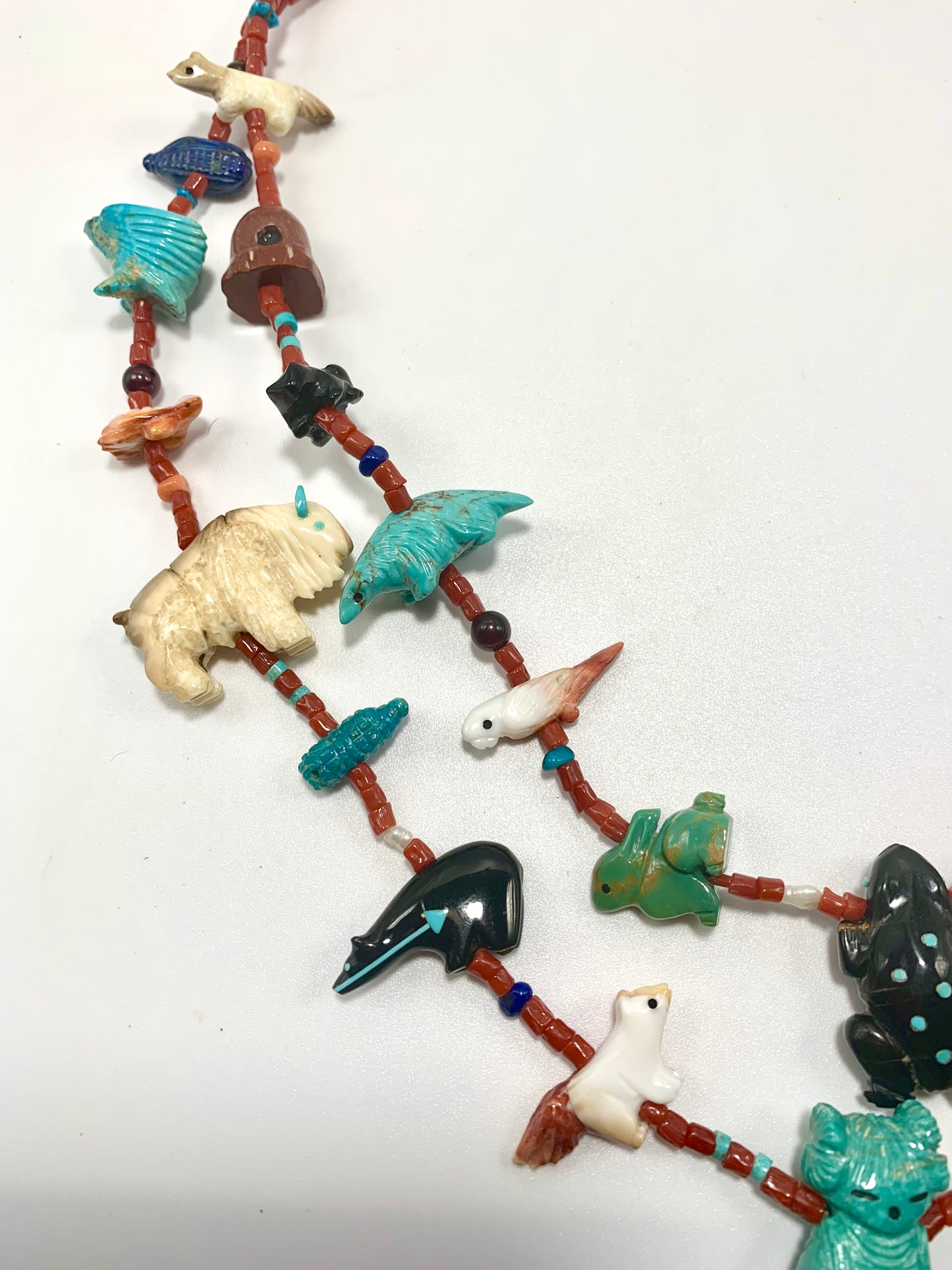 1970s Native Zuni Carved Multi Stone Quandelacy Grandmother Fetish Necklace